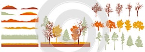 Creation of autumn beautiful park, forest, landscape, woodland, collection of design element. Constructor kit. Silhouettes of bare