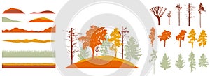 Creation of autumn beautiful park, forest, landscape, woodland, collection of design element. Constructor kit. Silhouettes of bare