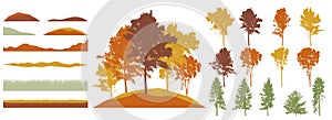 Creation of autumn forest, park, woodland. Set of silhouette of beautiful birch, spruce trees. Vector illustration