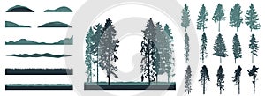 Creation of realistic forest, set of silhouette of beautiful spruce and pines trees. Vector illustration