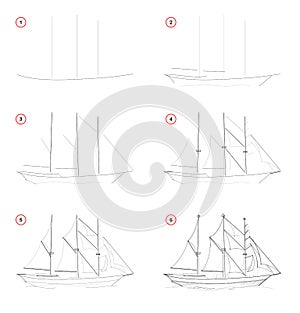 Creation step by step pencil drawing. Page shows how to learn draw sketch of imaginary three-masted sailing ship. photo