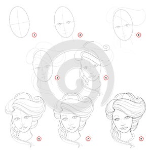 Creation step by step pencil drawing. Page shows how to learn draw sketch of imaginary girl with a fashionable hairstyle.