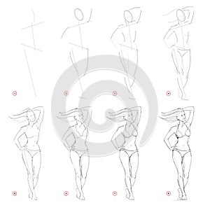 Creation step by step pencil drawing. Page shows how to learn draw sketch of imaginary standing woman figure.