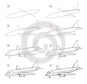 Creation step by step pencil drawing. Page shows how to learn draw sketch of modern passenger aircraft.