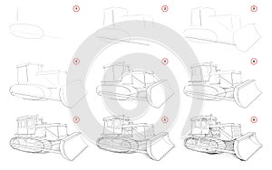 Creation step by step pencil drawing. Page shows how to learn draw sketch of powerful tractor with blade for clearing ground.