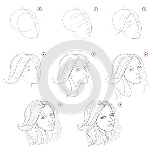 Creation step by step pencil drawing. Page shows how to learn successively draw sketch of imaginary beautiful girl.