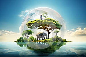 Creation world concept. World building, conspiracy theory. Elephant and boy standing on planet Earth. Nature background