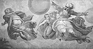 Creation of the world by Michelangelo in the old book Michel-Ange, by F. Koenig, 1888, Paris