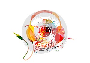 Colorful lp vinyl record disc with musical notes and headphones. Musical poster for listening music, relaxing, having fun vector i