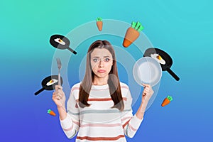 Creative 3d artwork collage of unhappy girl hold empty plate have difficult choice eating healthy carrots unhealthy