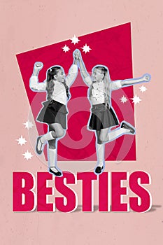 Creative 3d collage artwork poster postcard sketch of two happy friendly girls hand hold together harmony isolated on