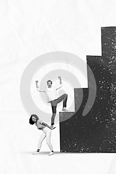 Creative 3d collage image of couple family doing progress together help climb each other upstairs isolated on white