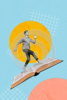 Creative 3d collage photo artwork of young addicted bookworm man steps big materials read open big book isolated on