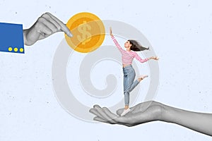 Creative 3d collage photo picture of human hand hold happy girl dream more money isolated on painted background