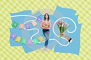 Creative 3d photo artwork collage of beautiful girl hold basket easter eggs garland banner happy easter bouquet hand