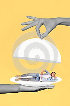 Creative 3d photo artwork graphics collage of funky flirty man lying restaurant dish big waiter hands anniversary