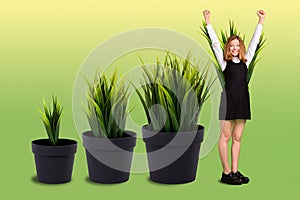 Creative 3d photo artwork graphics collage of girl rising fists measuring flower pots growth isolated green color