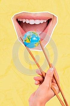 Creative 3d photo artwork graphics collage painting of arm feeding mouth planet isolated drawing background