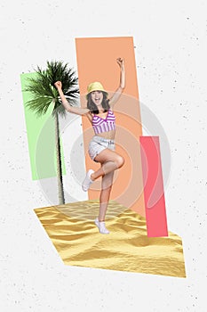 Creative 3d photo artwork graphics collage painting of excited lucky lady winning abroad trip isolated drawing