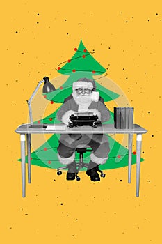 Creative 3d photo artwork graphics painting of smiling funny grandfather typing x-mas letters vintage typewriter