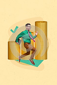 Creative 3d pinup pop collage illustration of happy successful freelance man hurry office make money isolated on
