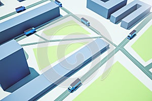 Creative 3D Rendering route with blue truck vehicles.