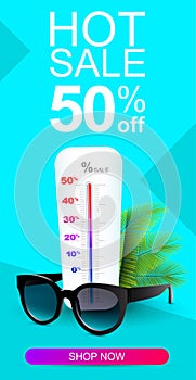 Creative 3d vertical banner of sunglasses with a thermometer showing a hot sale. Discount banner. Sale banner. Modern