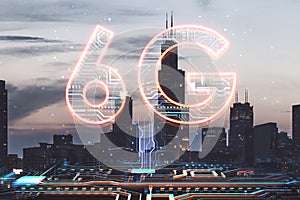 Creative 6G hologram on night city background. Speed, internet and technology, communication concept. Double exposure