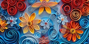 Creative abstract background in quilling, featuring complex and colorful patterns made from paper strips. Suitable for posters,