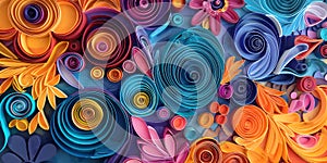 Creative abstract background in quilling, featuring complex and colorful patterns made from paper strips. Suitable for posters,