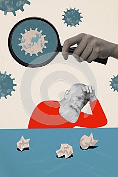 Creative abstract collage of old man struggle high temperature magnifier search contagious epidemic bacteria fantasy