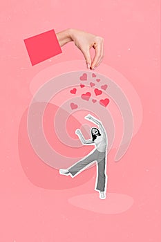 Creative abstract collage template graphics image of happy funky lady catching 14 february hearts isolated drawing