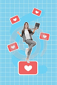 Creative abstract collage template graphics image of lacky lady getting instagram twitter facebook likes isolated