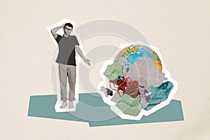 Creative abstract collage young man thinking about large amount of garbage on planet save Earth pollution environmet