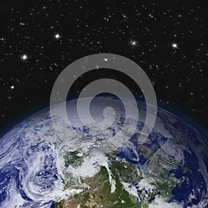 Creative abstract global communication scientific concept: space view of Earth planet globe with world map in Solar