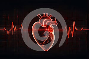 Creative Abstract Human Heart Shape: Red Cardiogram Pulse on Black Background.