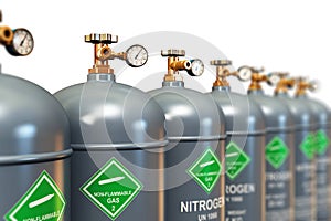 Row of liquefied nitrogen industrial gas containers