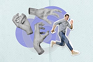 Creative abstract sketch composite photo collage of funny good mood dexterous guy running from big hands isolated on