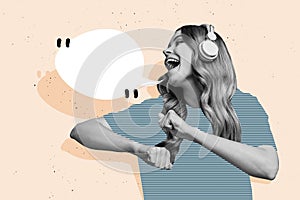 Creative abstract template collage of beautiful girl headphones sing song speak listen music have fun fantasy billboard