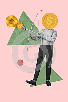 Creative abstract template collage of businessman golden coin instead head hold bow electric light bulb arrow profitable