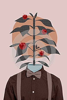 Creative abstract template collage of elegant gentleman guy red apples tree leaves instead head suspenders bow isolated