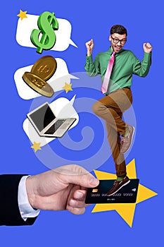 Creative abstract template collage of excited man hand hold credit card startup idea earning money bizarre unusual