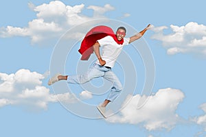 Creative abstract template collage of excited strong man flying high clouds sky superhero wear red mask cape feel mighty