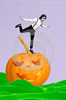 Creative abstract template collage of falling mariachi mexico caballero pumpkin witch costume happy halloween magazine photo