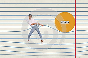 Creative abstract template collage of funny female persistant pulling paper lines copybook notebook ruled page magazine