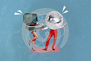 Creative abstract template collage of funny funky couple disco ball vinyl recorder woman man dancing boogie woogie have
