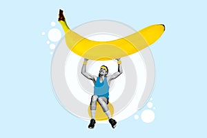 Creative abstract template collage of funny funky guy sportsman sportswear lift carry banana fruit healthcare muscles