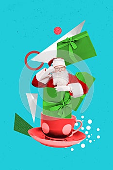 Creative abstract template collage of funny santa claus old man sitting tea coffee cup cafe happy merry christmas new