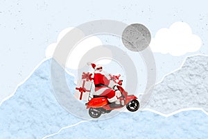 Creative abstract template collage of funny santa claus scooter have fun delivery new year snowy atmosphere christmas