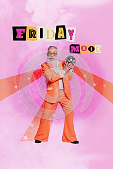 Creative abstract template collage of funny vintage senior man celebrate friday party hold discoball magazine surrealism